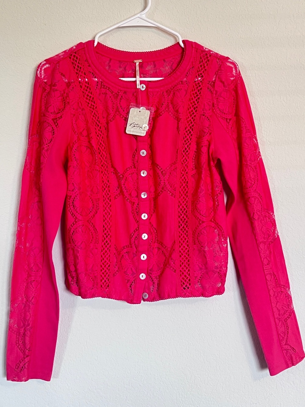 NWT Free People Rouged Cheeks Lace-Panel Hot Pink Coral Cardigan Sz M P2P 17”
